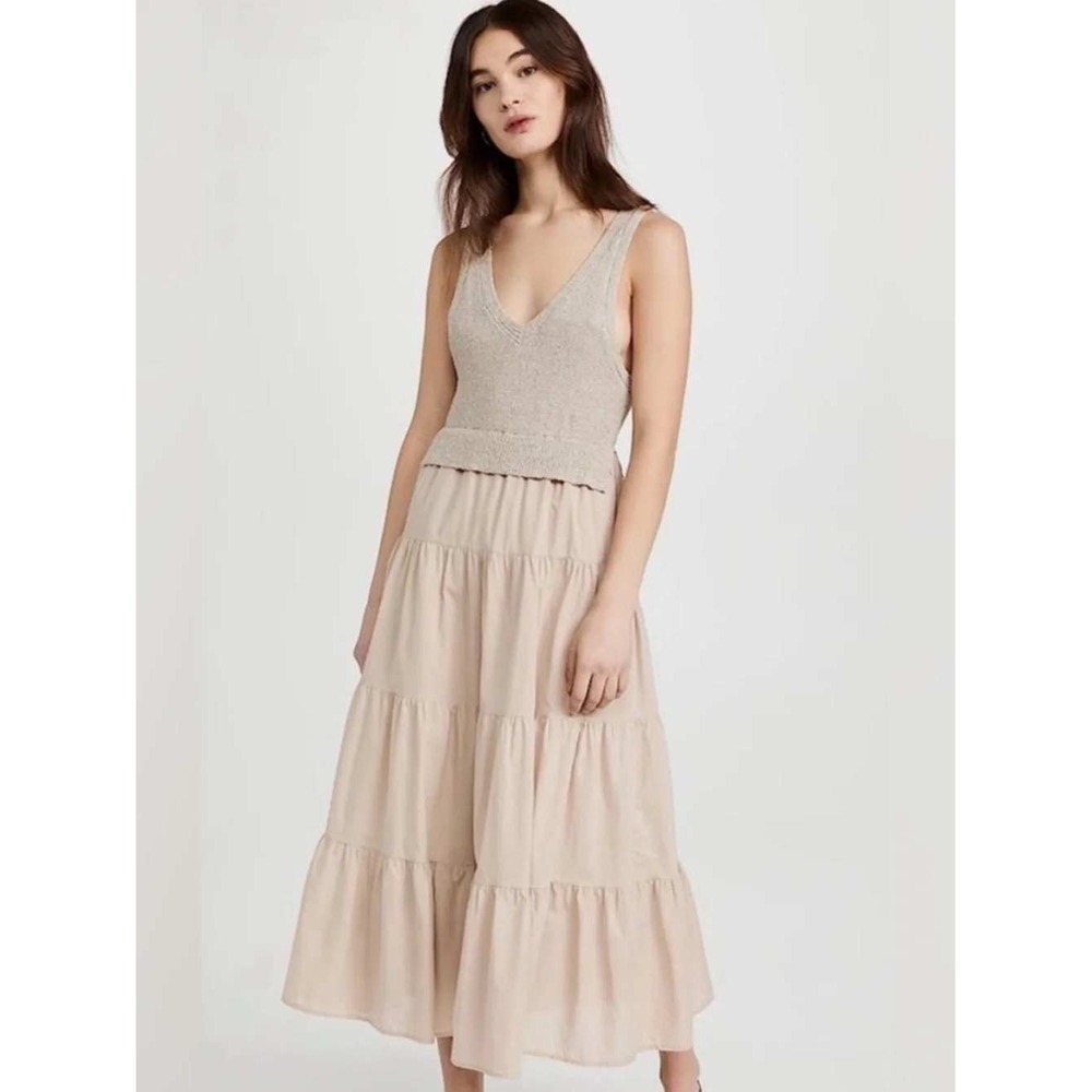 En Saison Alwin Mixed Media Midi Dress Beige Knit Tiered Sleeveless Womens M